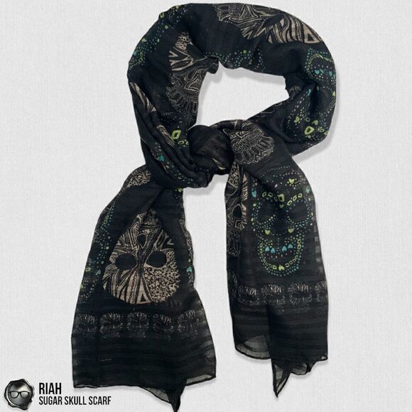 LIGHTWEIGHT GAUZY SUGAR SKULL PRINT SCARF WRAP SHAWL IN BLACK HALLOWEEN MUERTOS - Picture 2 of 12